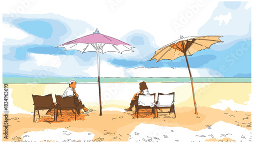 Friends relaxing on beach chairs