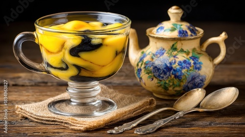 Marble Swirl Dessert in Glass Cup with Vintage Teapot and Spoons on Wooden Table