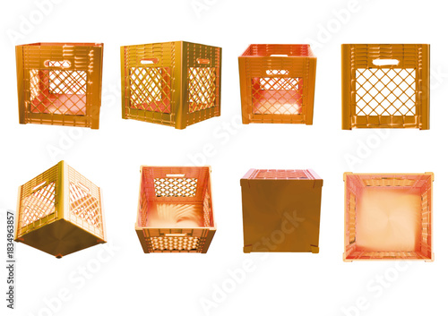 A golden square plastic milk crate from 8 angles as vector file created by 3D modeling.