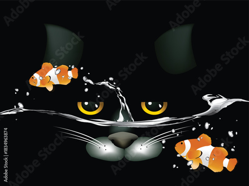 Curious feline's golden eyes peek through splashing water at two vibrant clownfish in a playful underwater illustration.
