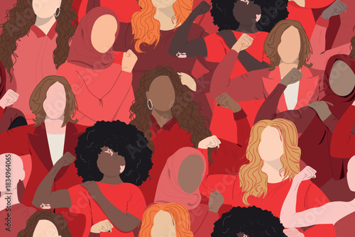 Women in red background. Powerful women. Seamless pattern with different womens. Wear red day	