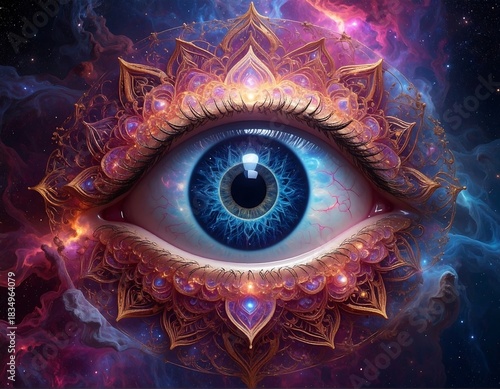 Surreal eye artwork, mystical ambiance, intricate cosmic design