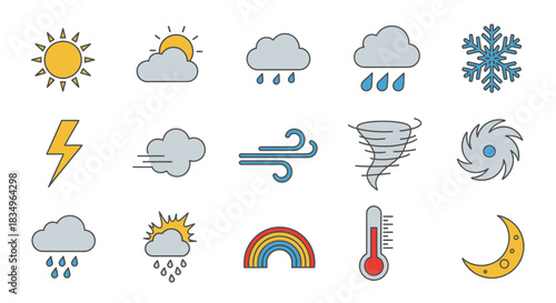 Illustrated weather icons, ranging from sunny to stormy, sit in a flat lay style against a white background, depicting various conditions with a soft, muted color
