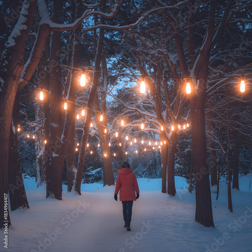A person walks through a snow-covered forest path illuminated by warm string lights at dusk.