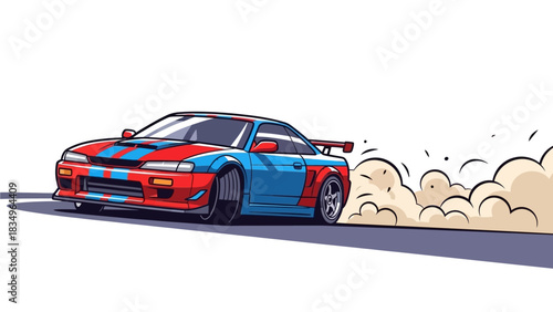Dynamic Red and Blue JDM Sports Car Drifting Illustration