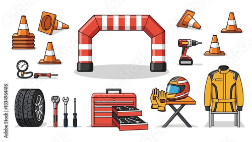 Racing Team Equipment Vector Illustration Set for Mechanic Garage Motorsports Pit Stop and Race Car Repair