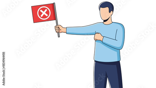 Refusal Signal Man Holding Red Flag with Cross Symbol Vector Illustration