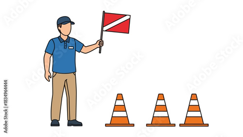 Man Signaling Diver Down with Flag and Cones Vector Illustration for Safety