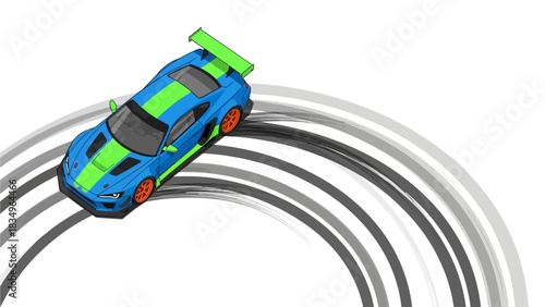 Cartoon Blue Sports Car Drifting with Tire Tracks on White Background