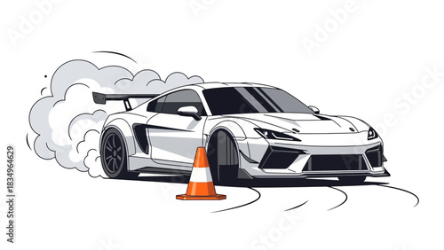 Illustration of a Sleek White Sports Car Drifting Around a Cone Motorsport Art