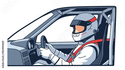 Racing Car Driver with Helmet Inside Vehicle for Motorsport