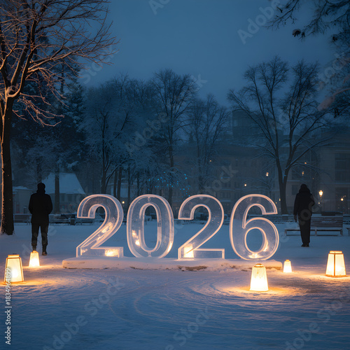 Illuminated '2026' in snowy landscape at night with silhouettes of people.