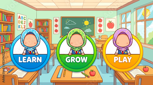 A vibrant cartoon illustration of a classroom with three interactive buttons labeled 'LEARN', 'GROW', and 'PLAY', featuring children in hijabs.