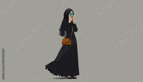 A stylized illustration of a woman in a black abaya and hijab, wearing sunglasses and holding an object to her face.