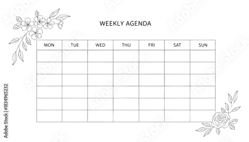 A blank weekly agenda planner template with floral line art decorations for organization and scheduling.