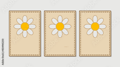 Three identical beige cards with stitched borders, each featuring a simple white and yellow daisy flower illustration.
