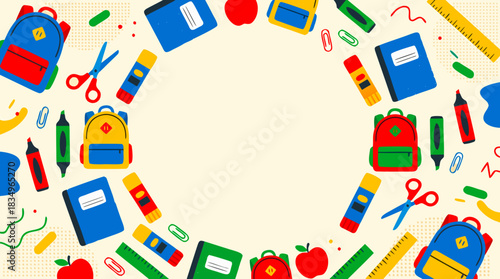 A vibrant flat lay illustration of various colorful school supplies arranged in a circular frame on a light background, perfect for back-to-school themes.