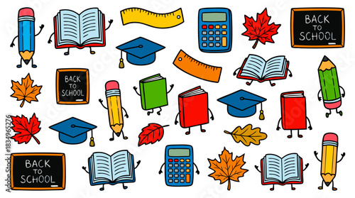 A vibrant cartoon illustration of various back to school items including pencils, books, calculators, rulers, graduation caps, blackboards, and autumn leaves.