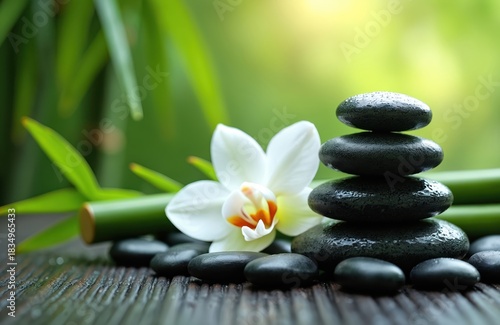 Zen arrangement with dark stones, white orchid rests on weathered wooden surface. Rich green bamboo stalks frame composition creating tranquil scene of wellness, balance. Illustration suggests