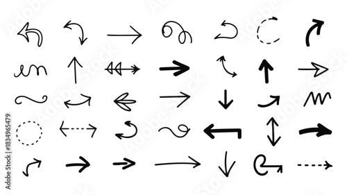 A versatile collection of hand-drawn doodle arrows in black. This vector set features various styles like curved, straight, and dotted pointers for infographics