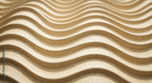 Undulating layers of pale wood or paper create a wavelike pattern enhanced by subtle lighting and soft focus