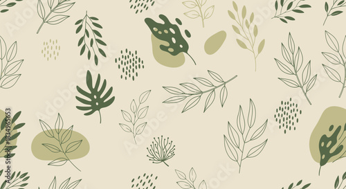 Delicate line art showcases a leafy, botanical seamless pattern in soft green and beige tones, creating a neutral and calming background.