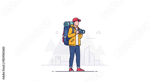 Isolated line art shows a tourist with a backpack and camera taking pictures against a minimalist mountain landscape in a bright, light style illustration.
