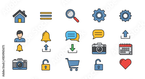 Isolated on white in flat lay, a collection of blue and yellow UI icons depicts common website navigation and settings features, creating a clean design resource.