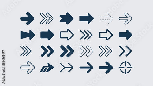 A comprehensive set of modern arrow icons pointing to the right, featuring various styles such as solid, outline, chevron, and dotted symbols for UI design