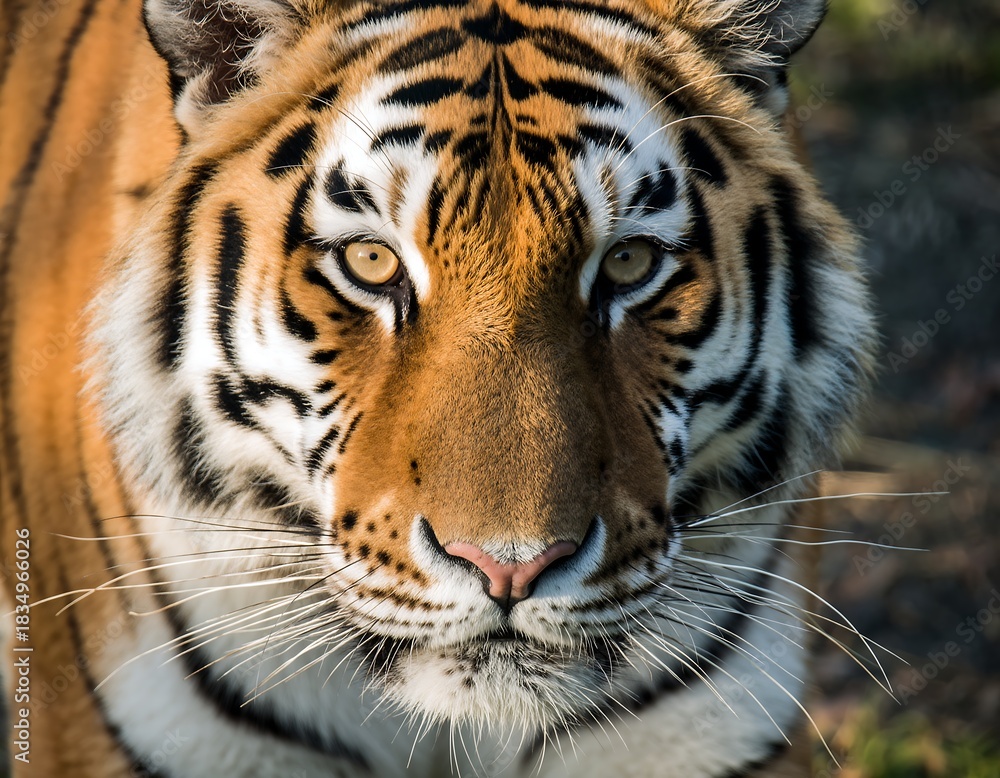 Naklejka premium Intense tiger gaze displaying raw power and majesty ideal for wildlife campaigns and conservation awareness projects with stunning detail and vibrant color