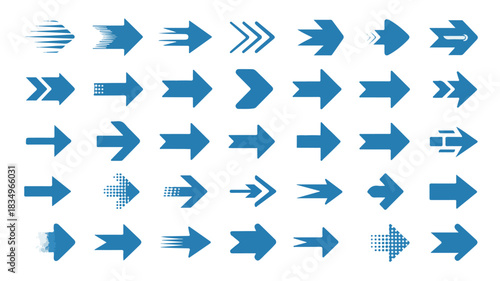 A diverse collection of forty blue arrow icons pointing to the right, showcasing various modern design styles including motion and chevron patterns