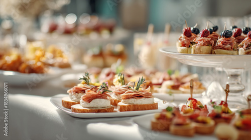 An assortment of appetizers on a buffet table at a catered event or gathering
