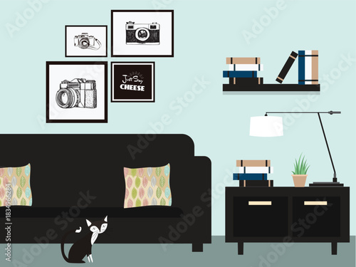 Modern flat design living room with black sofa, patterned pillows, camera art, books, lamp, and a black cat.