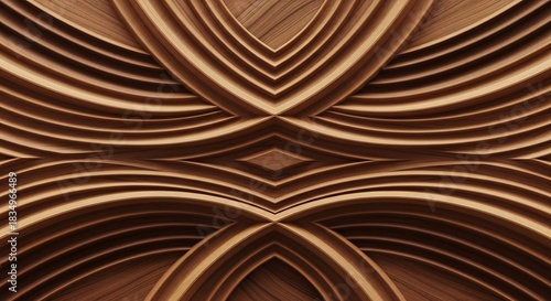 Fototapeta Naklejka Na Ścianę i Meble -  Wood curves layered into a symmetrical pattern dark and light shades creating a 3D effect with repeating arches