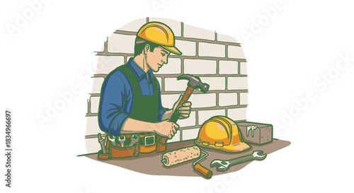 A diligent construction worker, wearing a yellow hard hat and blue overalls, carefully inspects his hammer, ready to begin building a sturdy brick wall.