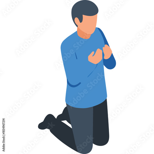 Man Kneeling In Prayer Arms Folded Close To Chest Wearing Blue Long Sleeve Shirt and Dark Pants Isometric View