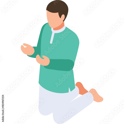 Man Kneeling In Prayer Wearing Traditional Teal Kurta And White Pajamas A Religious And Spiritual Moment Of Devotion And Faith Rendered In A Clean Isometric Style Against A Transparent Background