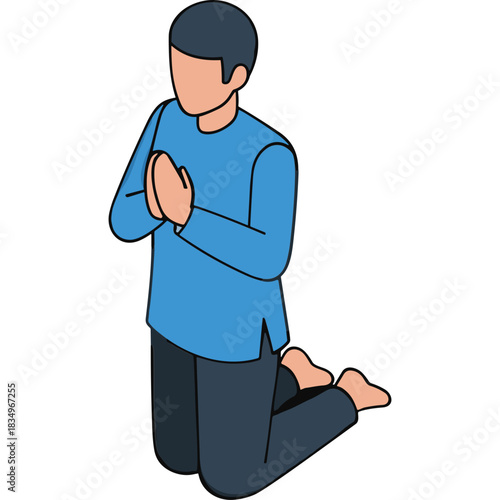 Man Kneeling in Prayer Folded Hands Blue Long Sleeve Shirt Dark Pants Bare Feet Isolated on Black Background Spiritual Devotion and Worship Concept