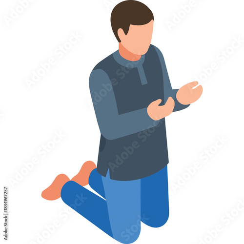 Man Kneeling In Prayer Wearing Blue Jeans and A Grey Kurta With Hands Clasped In A Dark Blue Hue On A Black Background.