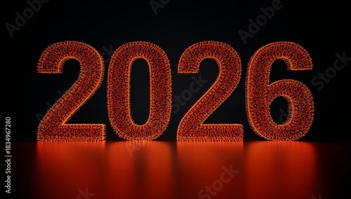 Bright orange 2026 numbers made of glowing particles. Futuristic new year celebration background with light reflection for holiday concept.