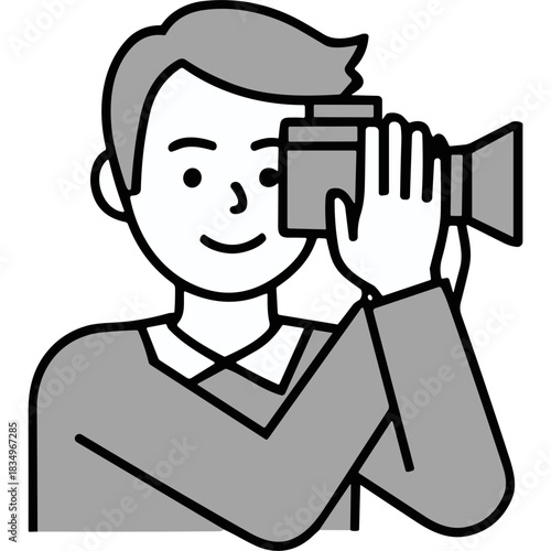 Man Holding Vintage Camcorder Recording Scene Up Close Neutral Background Simple Graphic Style Medium Shot