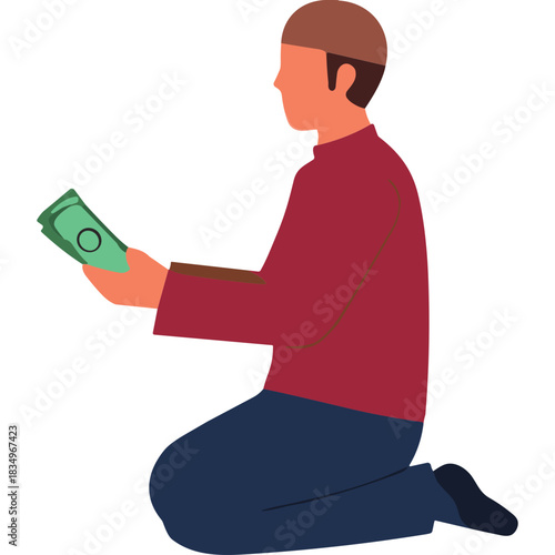 Man in maroon shirt and blue pants kneeling and holding money with a brown cap on his head in a profile view