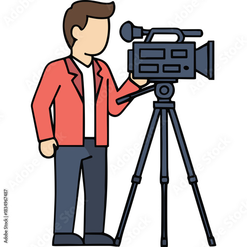 Man in Red Jacket and Blue Pants Holding a Professional Video Camera on a Tripod Ready to Film a Scene in a Studio with Soft Lighting