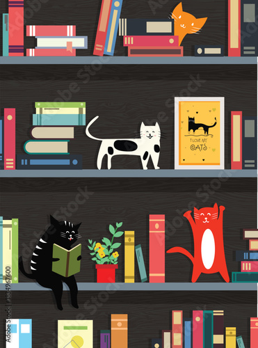 Cats relaxing and reading on a vibrant bookshelf, a charming flat design illustration of feline companions in a cozy home library.