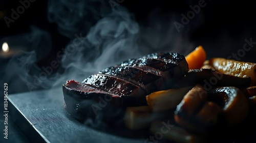 Delicious sliced steak cooked medium-rare with a shiny sauce and colorful roasted vegetables, highlighting premium food photography and rich culinary textures in high detail