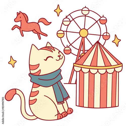 Sleepy expression on a American Shorthair in a Carnival Nights theme, with with a scarf – Carnival Nights vector art