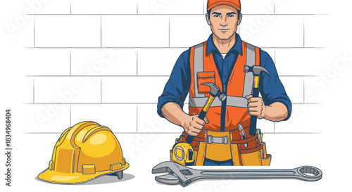 A professional construction worker, wearing a safety vest and cap, stands ready with hammers, a hard hat, and a wrench, ready for work.