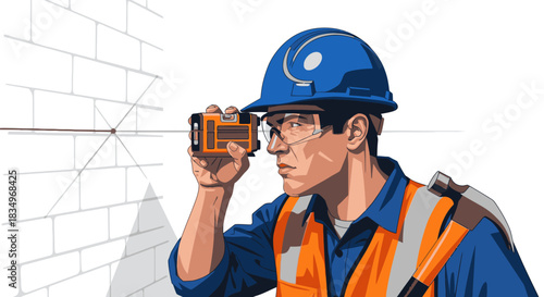A construction worker uses a laser level to precisely measure and align a brick wall, ensuring accuracy on the building site.