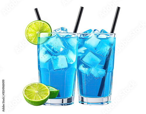 Two blue cocktails, ice-filled, lime garnish, black straws