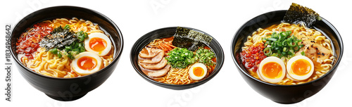 Delicious Korean ramen with boiled eggs, grilled pork, onions, and seaweed in black bowl isolated on white background